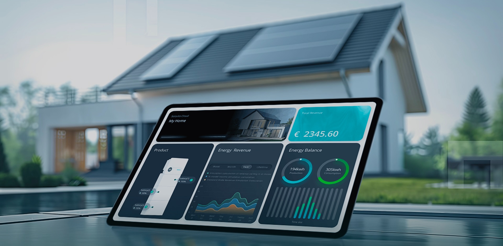 Smart energy monitoring dashboard in front of a modern house with rooftop solar panels.