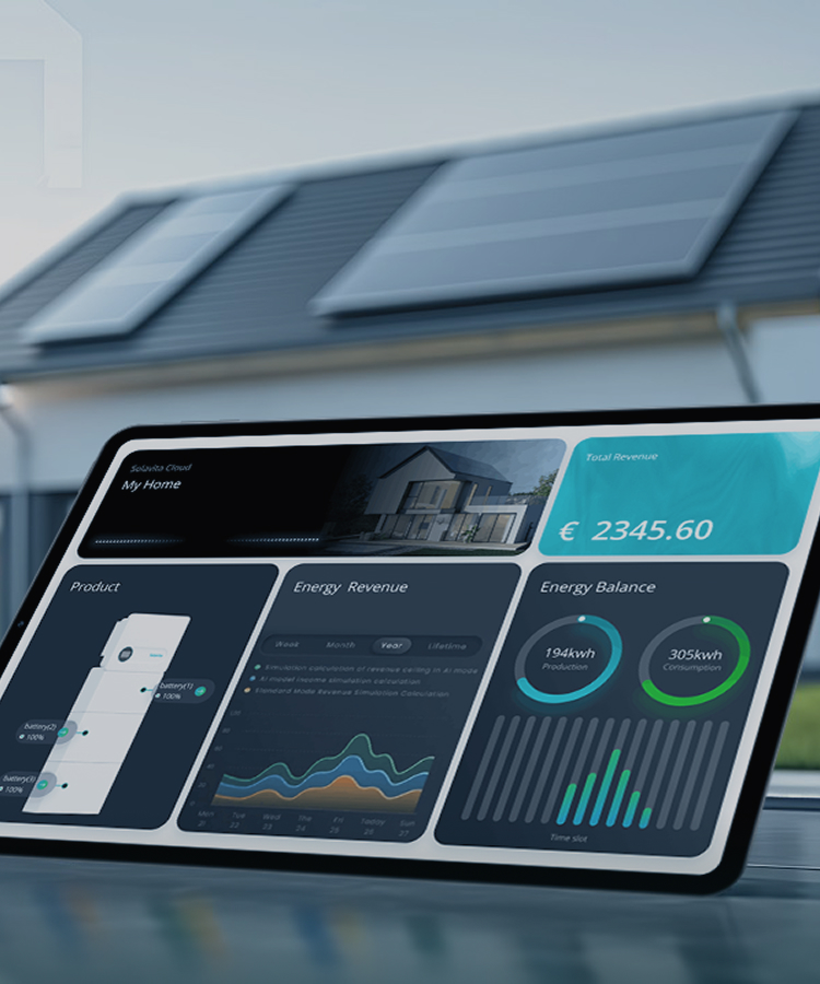 solavita cloud ——Smart home energy monitoring interface showing solar revenue and battery status in front of a house with rooftop solar panels.