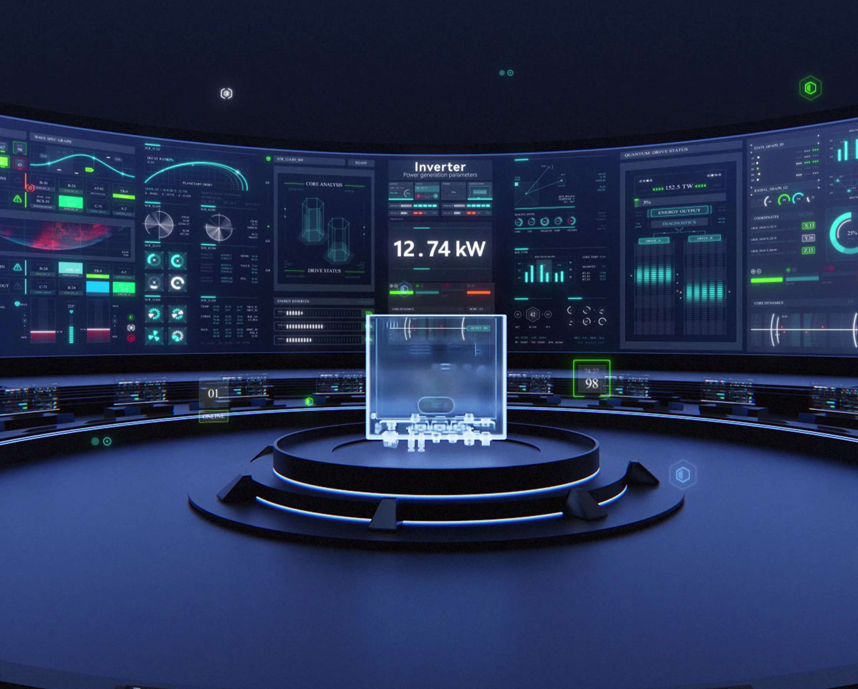 Solavita hybrid inverter performance dashboard showing 12.74 kW output, energy data, and system status
