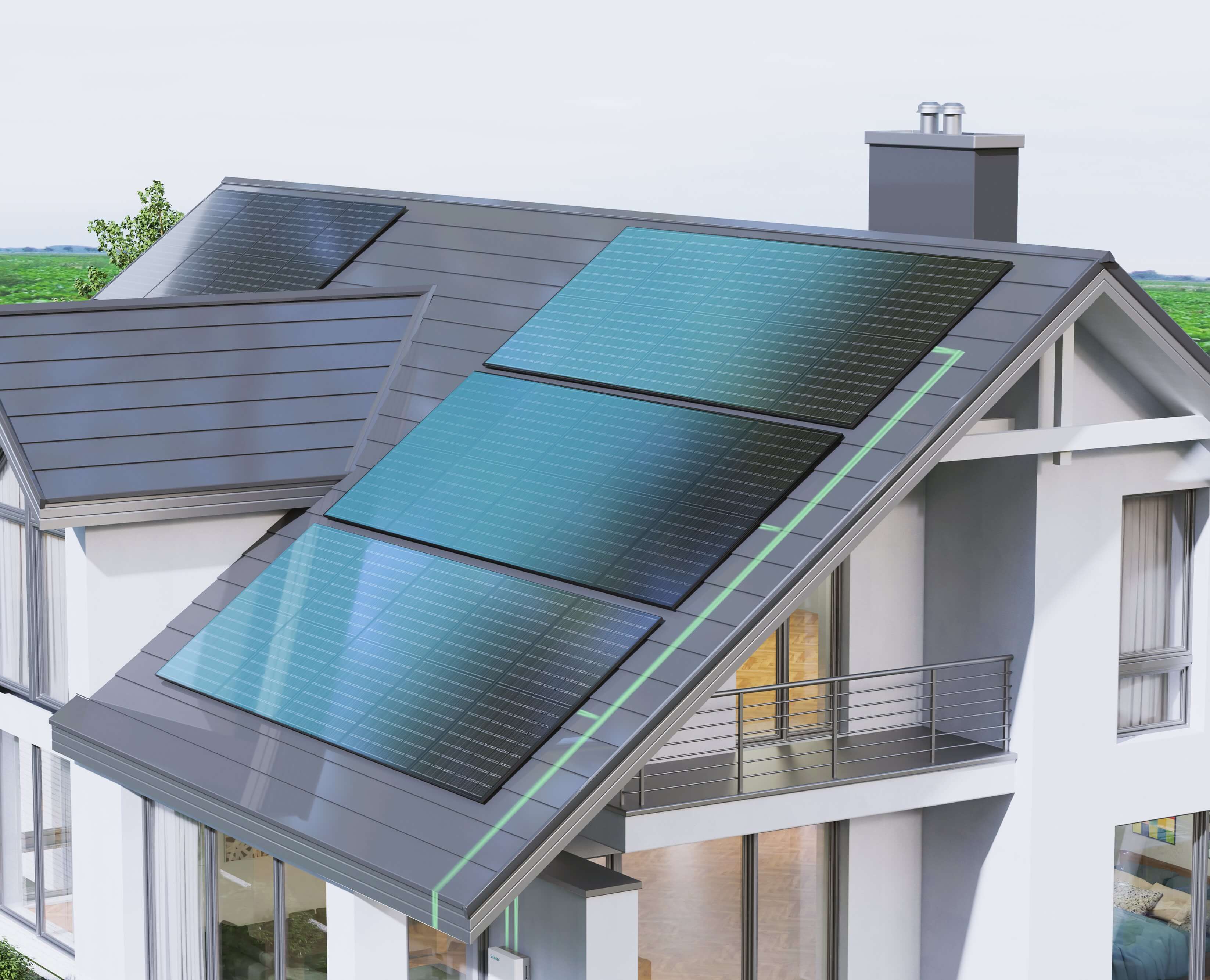 Modern house with multi-directional solar panels on the rooftop, connected by a green energy flow line, showcasing smart PV system design