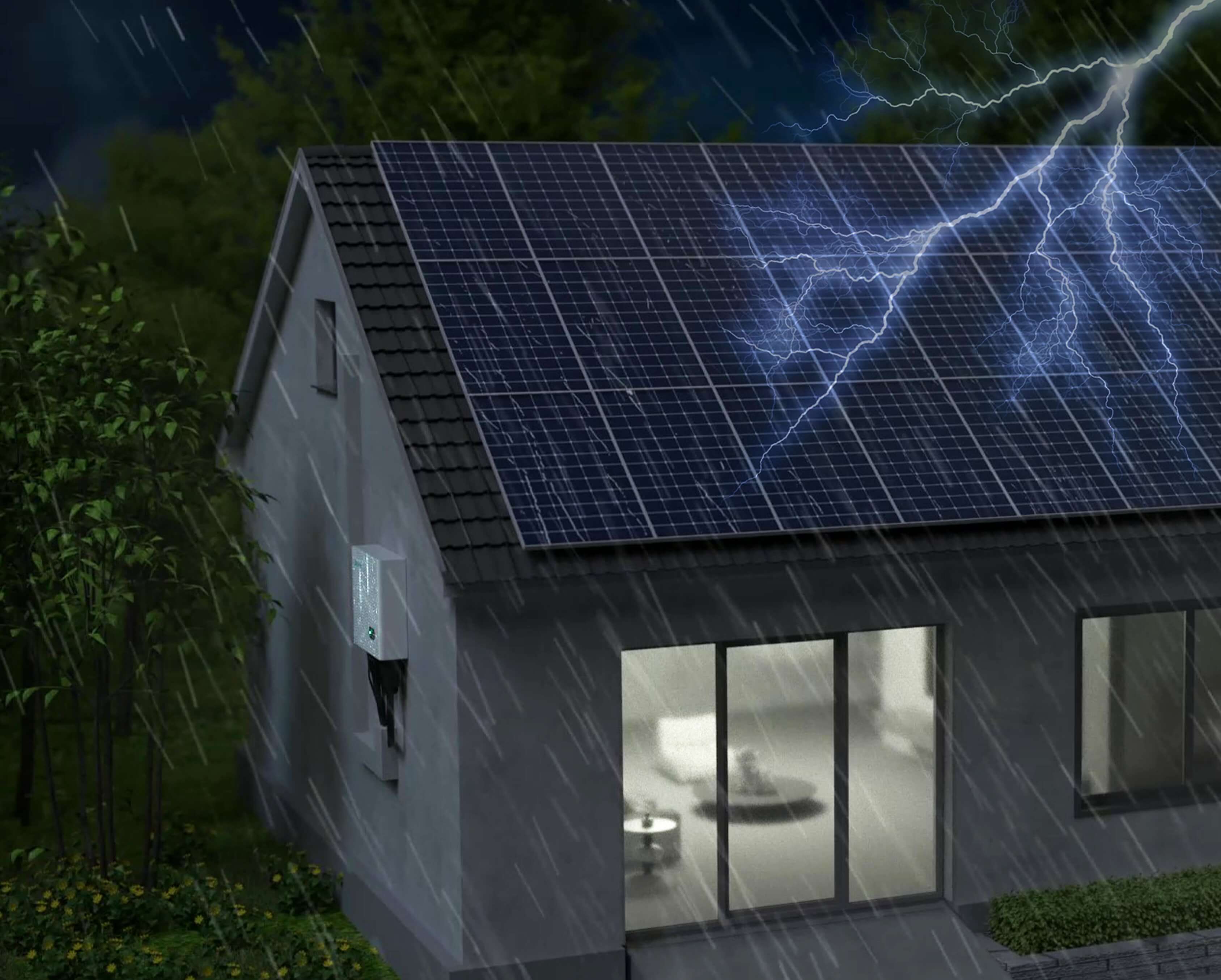 Solavita solar inverter with lightning protection displayed on a house during heavy rain and lightning. The image emphasizes the resilience and weatherproof features of the Solavita inverter, designed to operate under harsh conditions and equipped with lightning protection for safety.