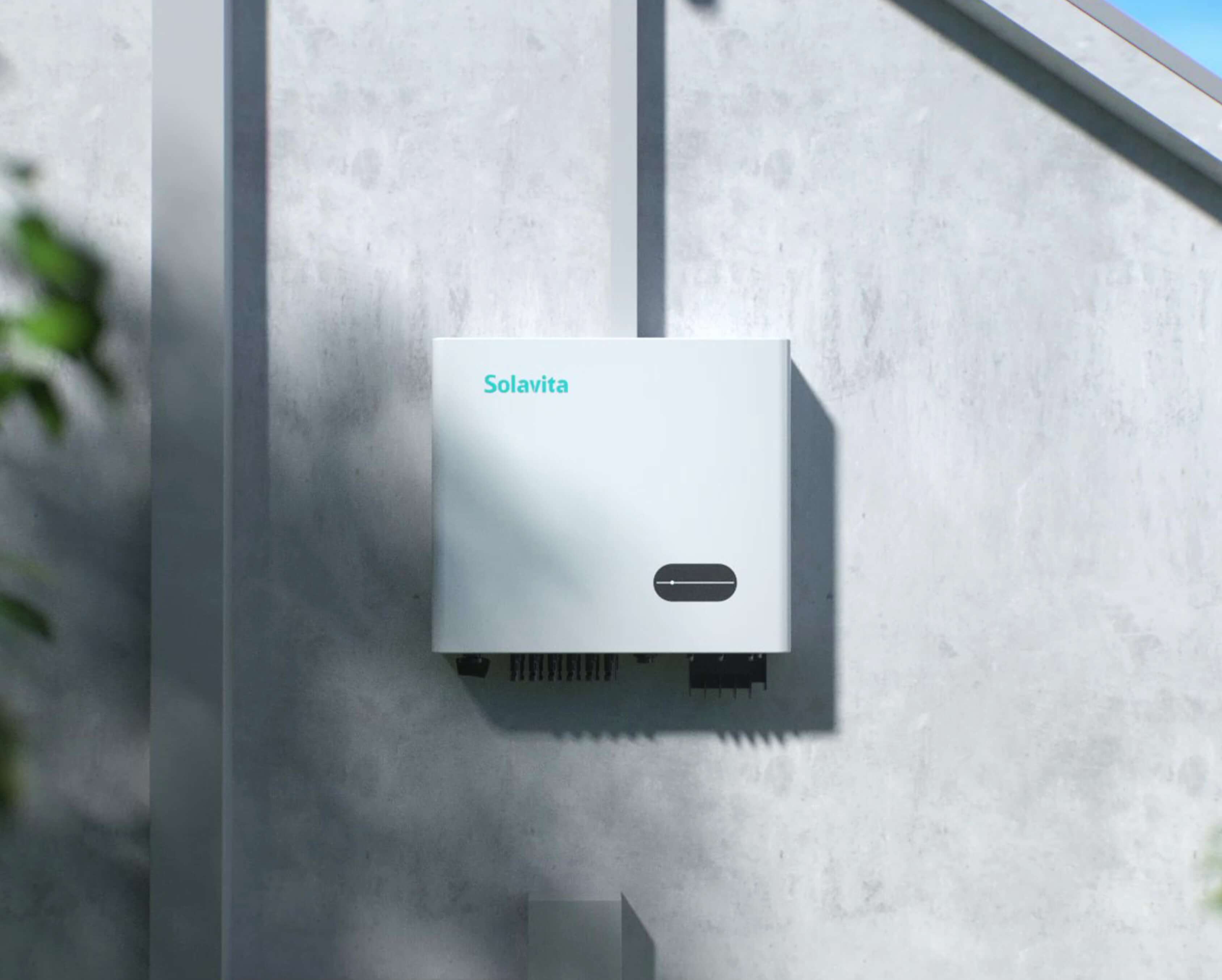 Solavita inverter installed on the wall with a modern, clean design, showcasing its compact size and sleek look for residential solar energy systems