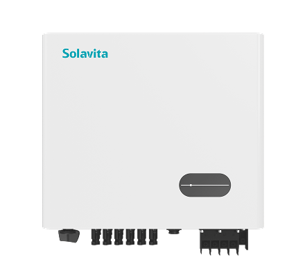Solavita on-grid inverter, 30–33kW capacity, optimized for commercial solar installations, features multiple MPPT inputs and robust connector interfaces in a minimalist white design