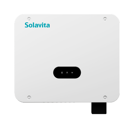 Solavita 40–60kW on-grid inverter, designed for large-scale commercial solar systems, features a compact form, intuitive LED status display, and high-efficiency power conversion.