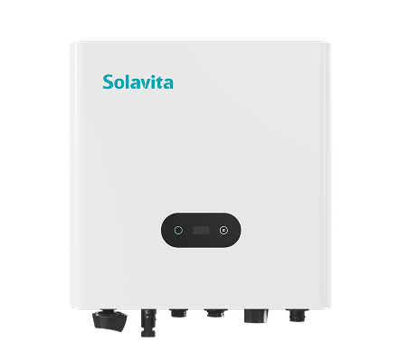 Solavita on-grid inverter, 1-3.3kW range, compact white unit with display and ports.