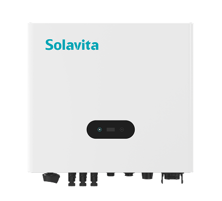 Solavita on-grid inverter, 7-10kW for residential and small commercial solar systems, sleek white design with multiple input/output terminals