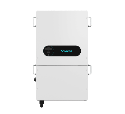 Solavita 29–50kW three-phase hybrid inverter with circular LCD interface and compact design for residential solar energy storage applications.