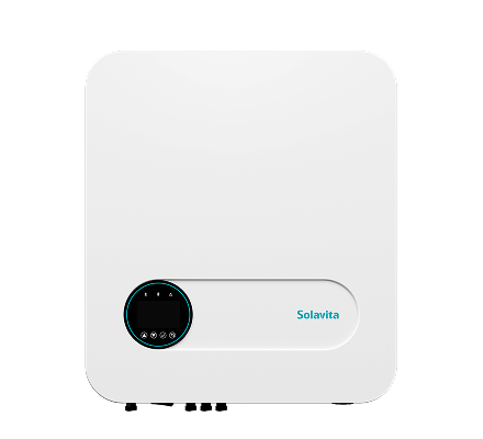 Solavita 5–15kW three-phase hybrid inverter with circular LCD interface and compact design for residential solar energy storage applications.