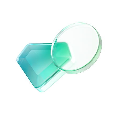 3D glass lens and prism icon representing transparency and precision in technology design