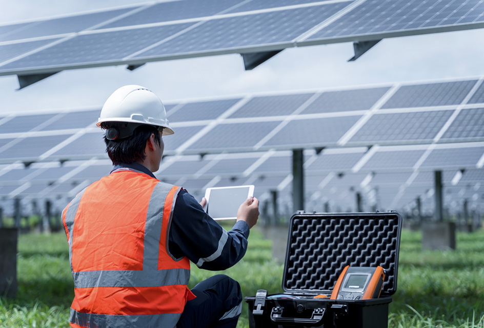Smart O&M solution: engineer using digital tools to monitor ground-mounted solar PV system for peak performance
