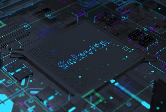 Futuristic Solavita-branded processor chip on a digital circuit board with neon blue and purple highlights.