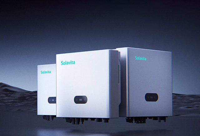 Three Solavita hybrid inverters with white casing and digital displays, presented in a futuristic dark-toned environment
