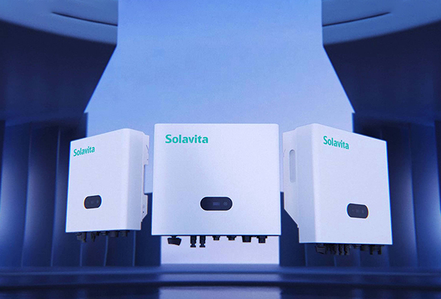 Three Solavita hybrid inverters suspended in a futuristic blue-lit environment.