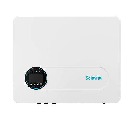 Solavita 3–6kW single-phase hybrid inverter with circular LCD interface and compact design for residential solar energy storage applications.