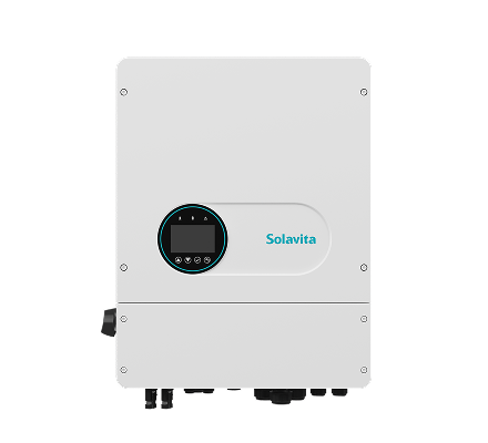 Solavita 3–6kW single-phase hybrid inverter with circular LCD interface and compact design for residential solar energy storage applications.