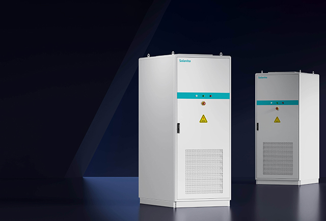 Solavita commercial energy storage cabinet with secure white casing and industrial warning symbol, showcased in a modern dark background.