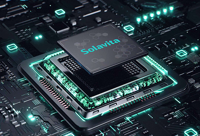 Futuristic rendering of a Solavita-branded semiconductor chip integrated into a digital circuit board, symbolizing smart control and AI-driven energy management