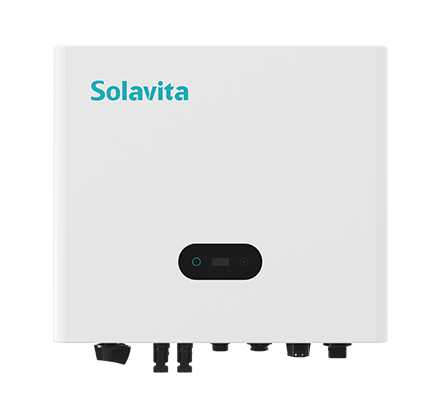 Solavita on-grid inverter, 40-60kW for commercial PV systems, white front panel with multiple connection ports.